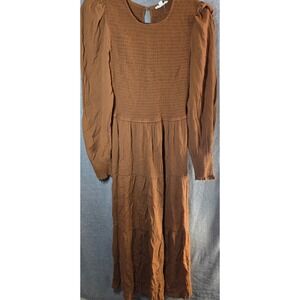 Vintage By the River Smocked Tiered Maxi Dress Large L Brown Puff Sleeve CR1444